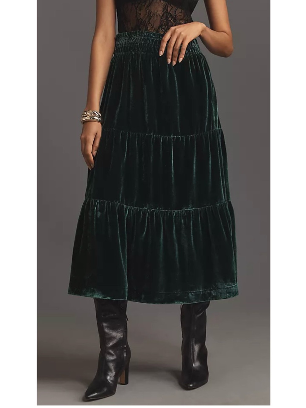 Anthropologie Dark Green Velvet Tiered Midi Skirt